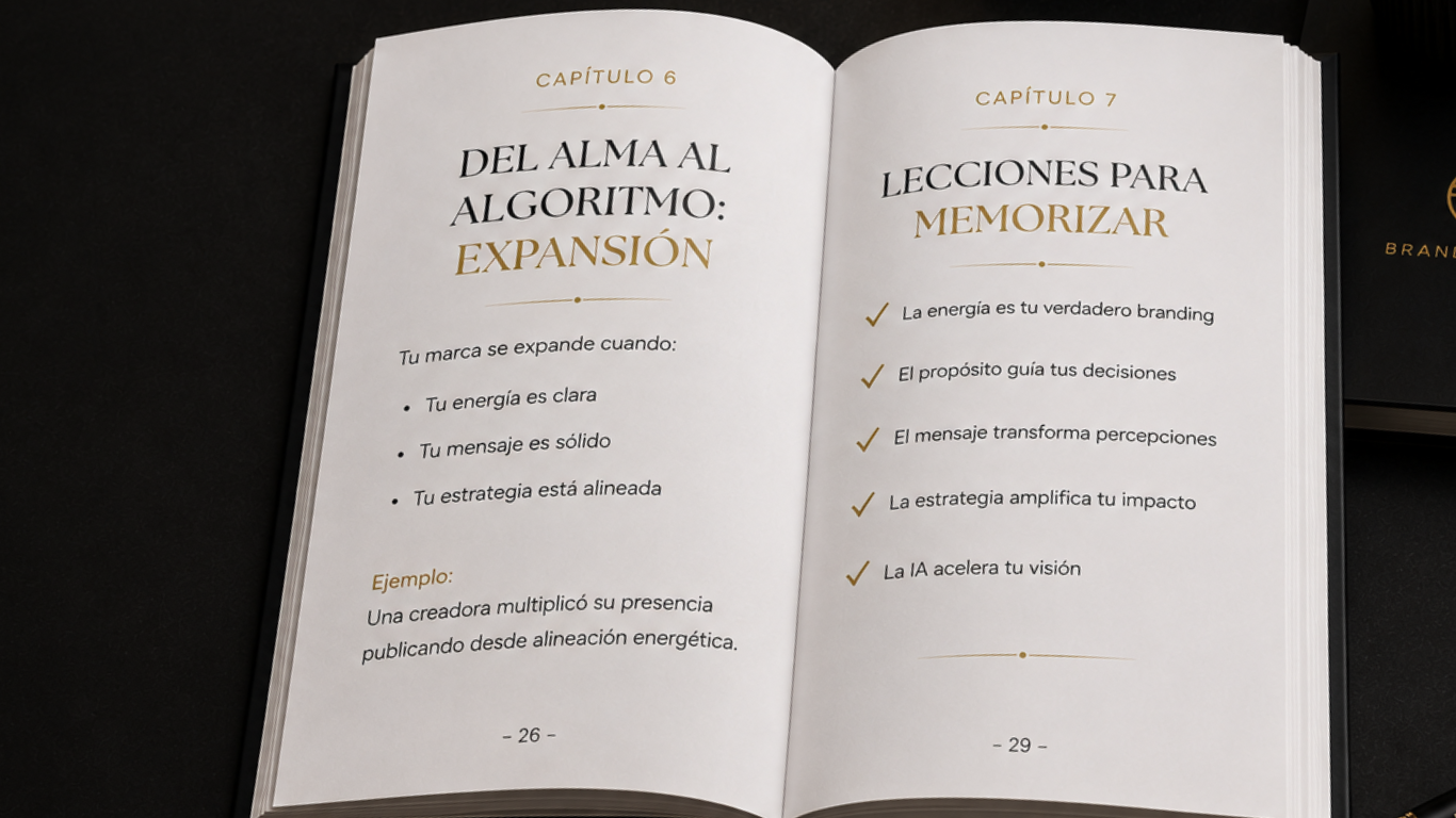 EXPANSION Y MEMORIZAR Libro abierto Del Alma al Algoritmo mostrando introducción sobre propósito marca y estrategia