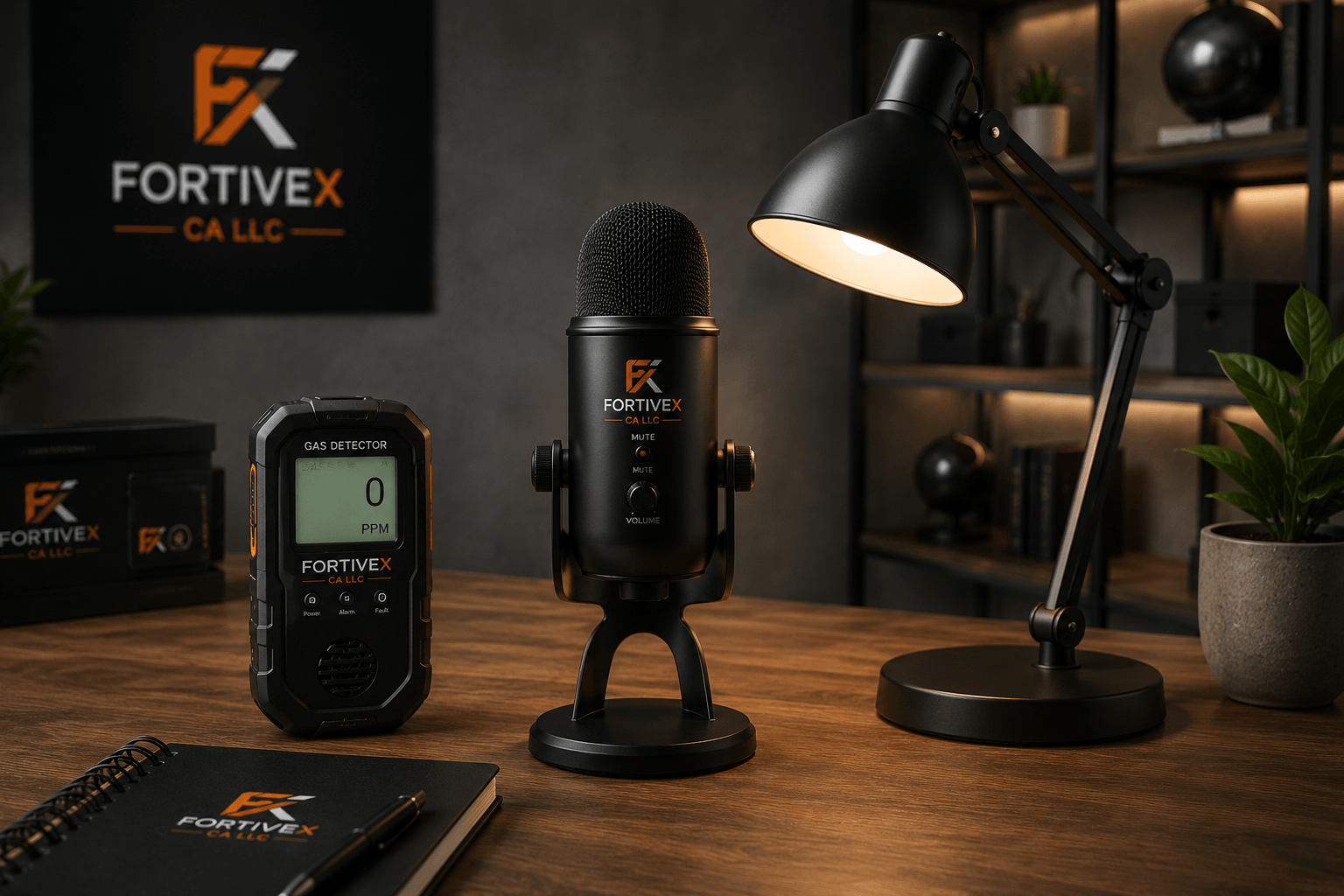 Fortivex technology products including gas detector podcast microphone and desk lamp
