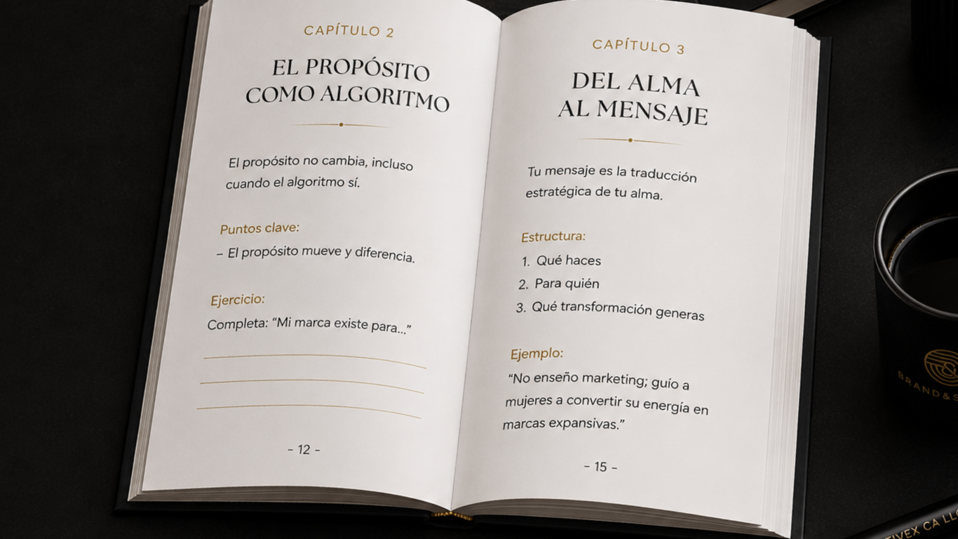 PROPOSITO Y MENSAJE Libro abierto Del Alma al Algoritmo mostrando introducción sobre propósito marca y estrategia