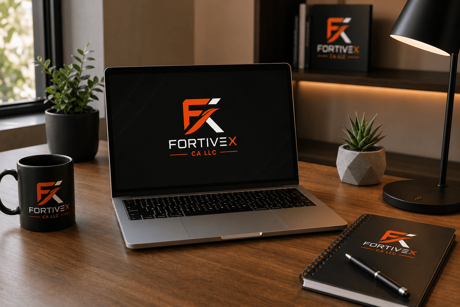 Fortivex branded workspace featuring laptop, notebook and corporate identity materials